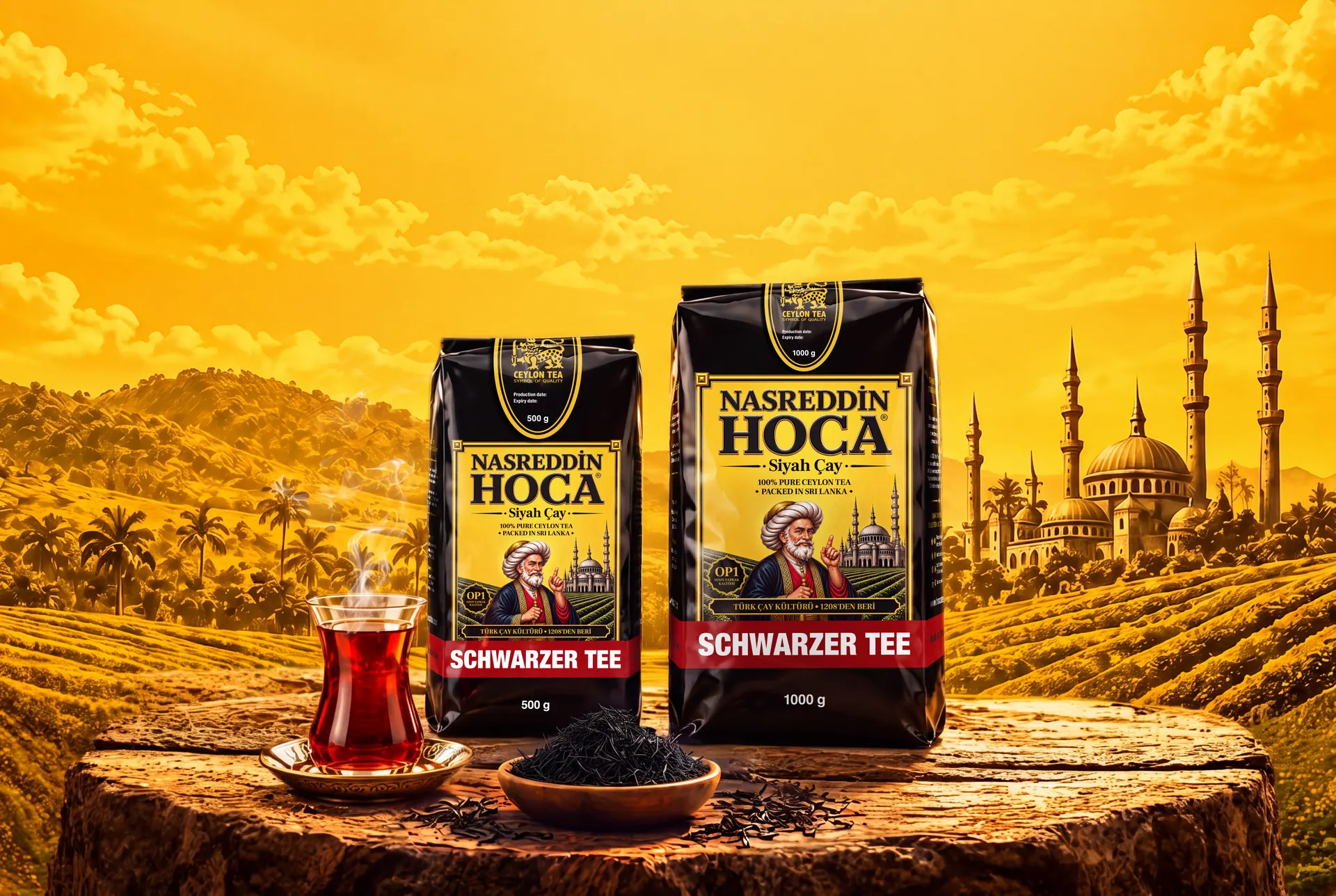 Nasreddin Hoca siyah çay paketleri, bir bardak çay ve dökme yapraklar