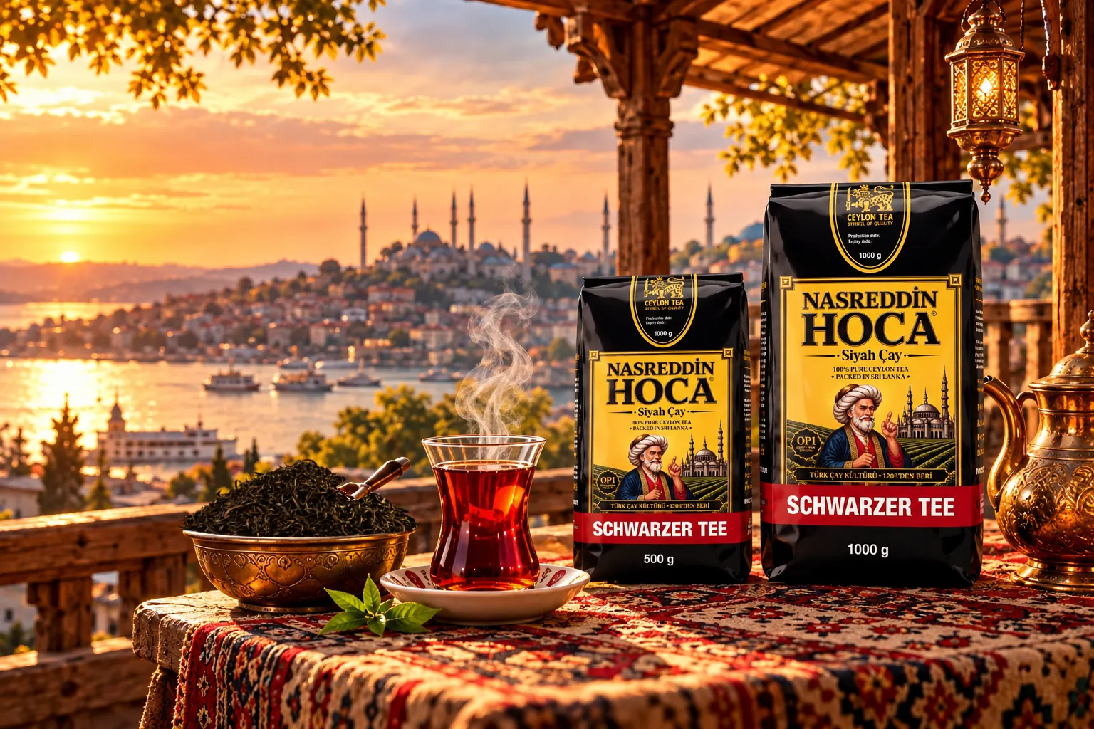 Gün batımında İstanbul manzarası önünde Nasreddin Hoca çay paketleri ve bir bardak çay