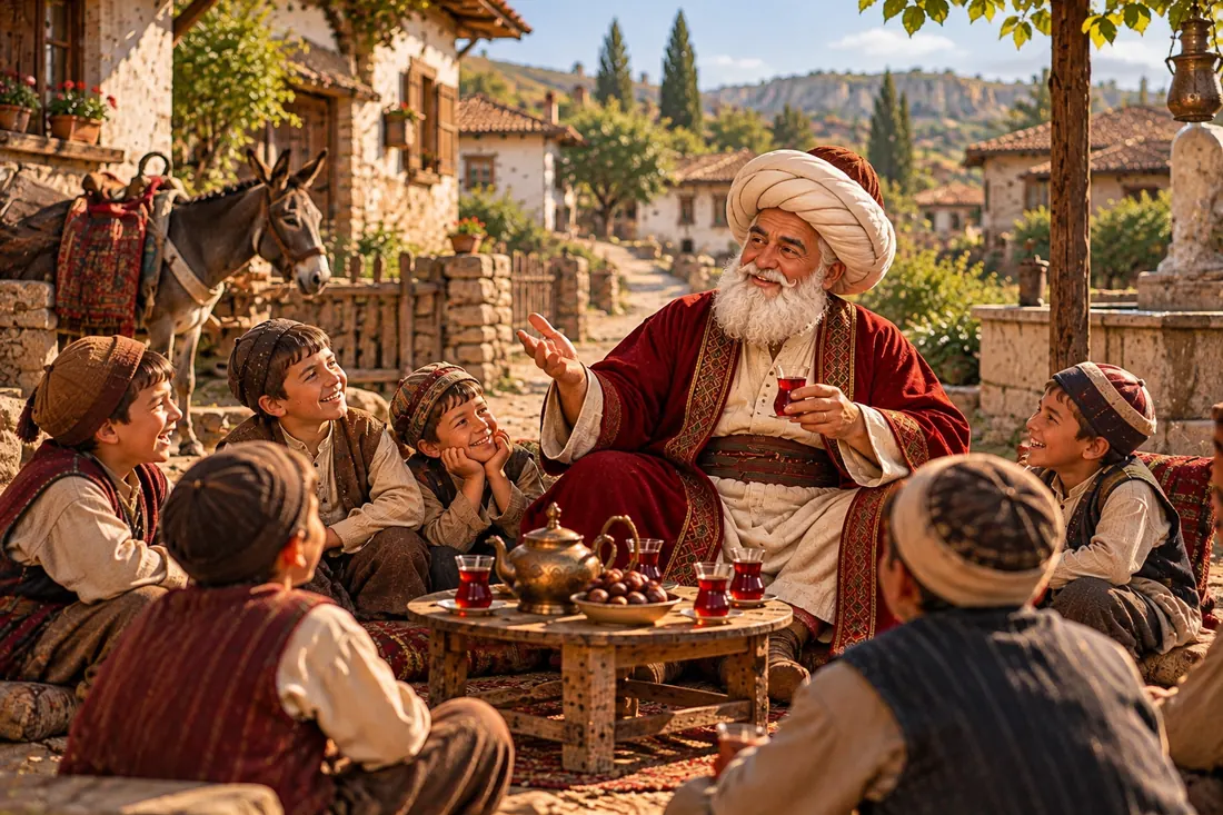 Nasreddin Hoca köy çocuklarıyla çay ve hikâye paylaşıyor